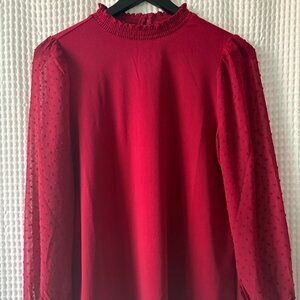 Adrianna Papell red ruffle neck sheer Swiss dot sleeves blouse women's small